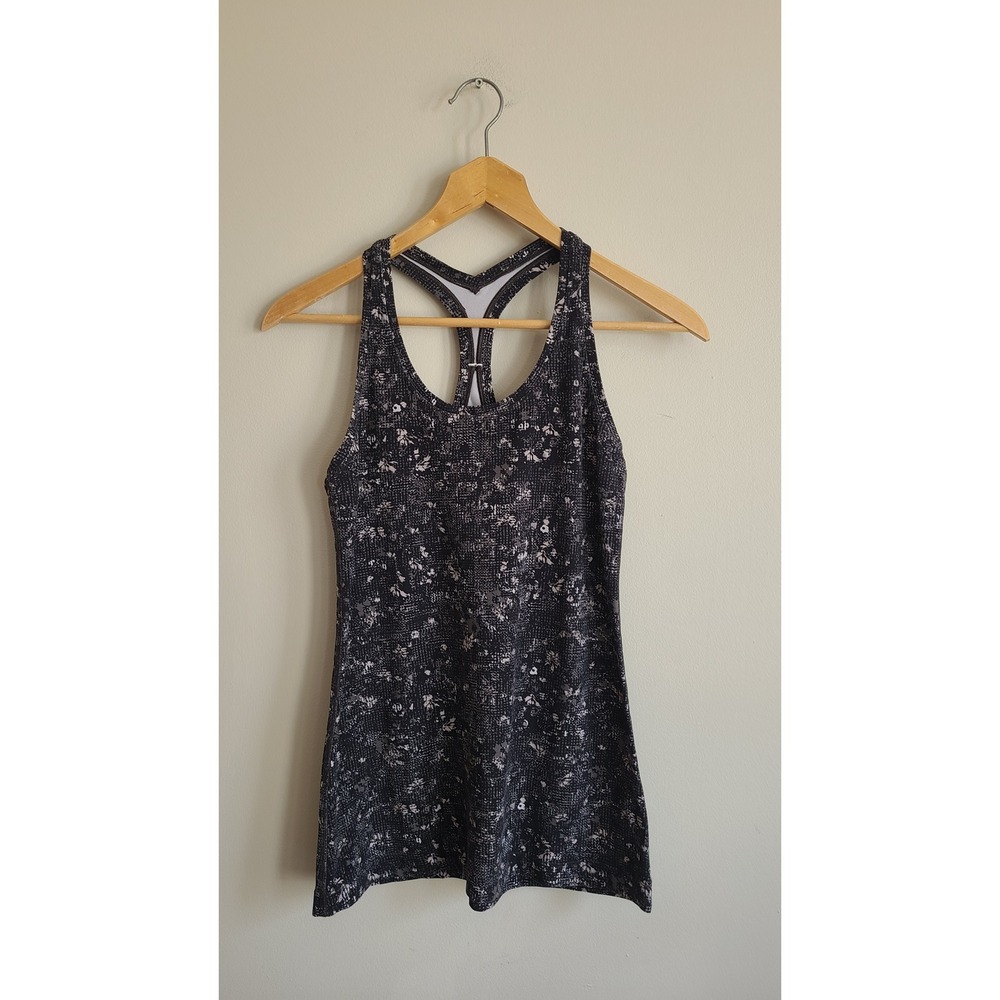 Lululemon‎ Cool Racerback Tank Top Black White Pixel Floral Yoga Athletic Women